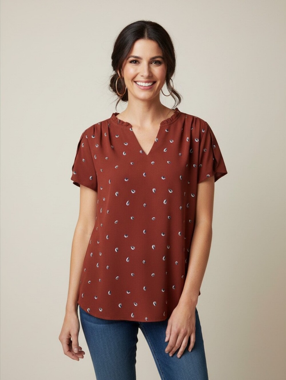 41 Hawthorn Rust Short-Sleeve V-Neck Blouse with Subtle Dot Print